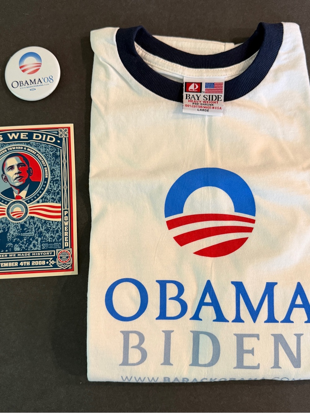 2008 Obama Short Sleeve Bayside T Shirt Men's Large White With Sticker & Pin New